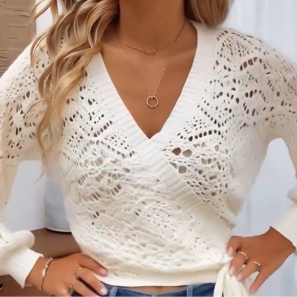 Off White or Milky White Knit Semi Sheer Wrap Sweater - Decorative Side Tie - Picture 1 of 16